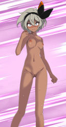 1girl absurdres bea_(pokemon) black_bow black_hairband blue_eyes blush bow bow_hairband breasts censored collarbone completely_nude creatures_(company) dark-skinned_female dark_skin embarrassed frown game_freak hair_between_eyes hair_bow hairband highres looking_at_viewer medium_hair mosaic_censoring navel nintendo nipples nude pink_background pokemon pokemon_swsh pussy silver_hair small_breasts solo standing sweatdrop tsukishiro_saika v-shaped_eyebrows rating:Explicit score:61 user:danbooru