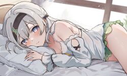  1girl bare_legs blush breasts cleavage firefly_(honkai:_star_rail) frilled_panties frills grey_hair hair_ribbon hairband highres honkai:_star_rail honkai_(series) lingerie long_eyelashes long_hair looking_at_viewer lying multicolored_eyes negligee on_bed on_side panties pillow ribbon smile solo sunlight tabitsuki thighs underwear window 