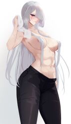  1girl abs absurdres ak-15_(girls&#039;_frontline) black_pants blush braid breasts closed_mouth cowboy_shot french_braid girls&#039;_frontline hair_censor hair_over_one_eye highres holding holding_towel long_hair looking_at_viewer navel ohc. pants purple_eyes simple_background solo stomach topless towel white_background white_hair 