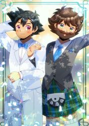  2boys aged_up arm_behind_head arm_up ash_ketchum beard black_hair blue_bow blue_bowtie blue_flower blue_necktie blurry blurry_background bow bowtie brown_hair collared_shirt commentary_request commission creatures_(company) depth_of_field dress_shirt facial_hair flower formal game_freak green_eyes grey_jacket jacket kilt kou_hiyoyo locked_arms male_focus multiple_boys mustache necktie nintendo original pants plaid pokemon pokemon_(anime) red_eyes shirt skeb_commission standing stubble suit thick_eyebrows thighhighs white_jacket white_pants white_shirt white_thighhighs yaoi 