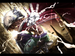  1boy absurdres arm_cannon brown_hair cape child closed_mouth energy facial_mark facial_tattoo fake_horns firing firing_at_viewer green_shorts hair_between_eyes helmet highres horned_headwear horned_helmet horns looking_at_viewer made_in_abyss male_focus mechanical_arms mechanical_hands mechanical_legs mitama_mochi multicolored_clothes multicolored_shorts navel nipples pants pointy_ears purple_shorts red_cape regu_(made_in_abyss) robot shorts solo stalactite stalagmite tattoo topless_male two-tone_pants v-shaped_eyebrows weapon yellow_eyes 