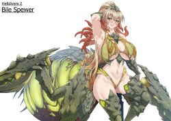  1girl absurdres arachne arm_behind_head armpits arthropod_girl arthropod_limbs bile_spewer blonde_hair breasts carapace character_name commentary copyright_name crossed_bangs english_commentary extra_legs green_eyes helldivers_(series) highres huge_breasts insect_girl long_hair looking_at_viewer monster_girl navel personification ponytail revealing_clothes solo spider_girl taur tentacle_hair thick_thighs thighs torahime_(roland00) underboob very_long_hair 
