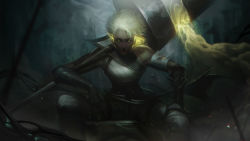  1girl absurdres bare_shoulders black_gloves black_pants breasts closed_mouth commentary dark-skinned_female dark_skin earrings elbow_gloves english_commentary gloves glowing glowing_eyes grey_hair highres holding holding_polearm holding_weapon jewelry lance league_of_legends looking_at_viewer medium_breasts pants polearm rell_(league_of_legends) sentinel_(league_of_legends) short_hair sitting solo spread_legs vincent_t_(oriaarts) weapon  rating:Questionable score:5 user:danbooru