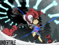 1boy 1other =_= androgynous ankle_boots blurry blurry_background bone boots brown_footwear brown_hair cape cel_shading child clenched_teeth copyright_name dutch_angle floating floating_object frisk_(undertale) full_body gloves glowing grin hand_on_another&#039;s_shoulder highres holding holding_stick kamezaemon leg_up legs_apart outdoors papyrus_(undertale) pine_tree raised_eyebrow red_cape red_footwear red_gloves romper shoes short_hair skeleton smile snow solid_oval_eyes standing stick sweat teeth tree undertale 