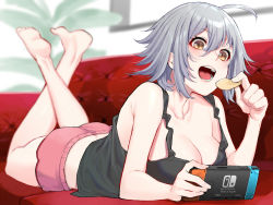 1girl ahoge alternate_costume ass bare_legs barefoot black_tank_top breasts butt_crack casual chips_(food) cleavage collarbone couch crossed_legs eating eyelashes fate/grand_order fate_(series) food hair_between_eyes indoors jeanne_d&#039;arc_(fate) jeanne_d&#039;arc_alter_(avenger)_(fate) jeanne_d&#039;arc_alter_(fate) lying medium_breasts midriff mikan_(chipstar182) nintendo_switch on_stomach open_mouth pink_shorts plant playing_games potato_chips potted_plant short_hair short_shorts shorts silver_hair sleeveless solo tank_top teeth window yellow_eyes rating:Sensitive score:28 user:danbooru