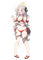 &gt;o&lt; 1girl afnroll ahoge arms_up belly bikini black_horns blue_archive bracelet breasts curled_horns curly_hair demon_horns full_body grey_hair hair_ornament hairclip halo halterneck highres horns izumi_(blue_archive) izumi_(swimsuit)_(blue_archive) jewelry large_breasts long_hair mole mole_on_thigh o-ring o-ring_bikini o-ring_top octopus official_alternate_costume open_mouth parted_bangs platform_footwear red_bikini red_footwear sandals scrunchie side-tie_bikini_bottom sidelocks simple_background solo standing string_bikini swimsuit tentacles underboob very_long_hair wavy_hair wavy_mouth white_background wrist_scrunchie rating:Sensitive score:23 user:danbooru
