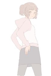  1girl brown_hair highres hood hoodie kamo_(gafas) looking_at_viewer looking_back pink_sweater short_hair skirt smile solo sweater 