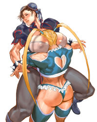 2girls alternate_color ass bearhug between_breasts blonde_hair blush bracelet breasts brown_hair capcom chinese_clothes chun-li double_bun covered_erect_nipples face_between_breasts head_between_breasts heart_cutout jewelry large_breasts multicolored_hair multiple_girls muscular muscular_female nipples rainbow_hair rainbow_mika rejean_dubois see-through spiked_bracelet spikes street_fighter street_fighter_v sweat twintails wrestling_outfit yuri rating:Explicit score:42 user:danbooru
