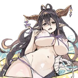 1girl antenna_hair bandaged_arm bandages bikini black_hair breasts brown_eyes cropped_legs danua danua_(summer)_(granblue_fantasy) draph fang front-tie_bikini_top front-tie_top gorirago granblue_fantasy highres horn_ornament horns large_breasts long_hair looking_at_viewer messy_hair nipples open_mouth pointy_ears see-through side-tie_bikini_bottom simple_background solo swimsuit very_long_hair white_bikini rating:Questionable score:37 user:danbooru