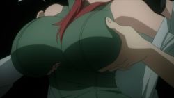 1girl 2boys animated animated_gif blush grabbing_another&#039;s_breast breasts grabbing green_eyes large_breasts long_hair multiple_boys red_hair suzue_konomi sweater triage_x rating:Questionable score:87 user:arutos