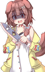  1girl absurdres animal_ears bare_shoulders blush bone_hair_ornament braid brown_eyes brown_hair cartoon_bone choker commentary_request dog_ears dog_girl dog_tail dress hair_ornament hair_over_shoulder hand_up highres holding holding_knife hololive inugami_korone inugami_korone_(1st_costume) jacket knife long_hair long_sleeves looking_at_viewer off_shoulder open_clothes open_jacket puffy_long_sleeves puffy_sleeves red_choker red_pupils shaded_face simple_background sleeveless sleeveless_dress solo tail twin_braids umberblack virtual_youtuber white_background white_dress yellow_jacket 