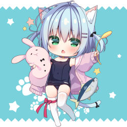  1girl animal_ear_fluff animal_ears black_ribbon blue_background blue_hair blue_one-piece_swimsuit blush bow cat_ears cat_girl cat_tail cat_teaser choker commentary_request fang full_body green_eyes hair_between_eyes hair_ornament hair_ribbon hairclip hanamiya_natsuka holding jacket long_sleeves looking_at_viewer no_shoes old_school_swimsuit one-piece_swimsuit open_clothes open_jacket open_mouth original puffy_long_sleeves puffy_sleeves purple_choker purple_jacket red_bow ribbon school_swimsuit skindentation sleeves_past_wrists solo star_(symbol) starry_background strap_slip swimsuit swimsuit_under_clothes tail thighhighs two-tone_background two_side_up white_background white_thighhighs 
