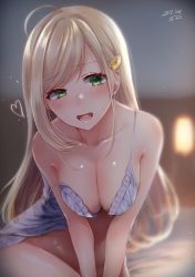  1girl :d ahoge artist_name babydoll blonde_hair blurry blush bottomless breasts cleavage collarbone dated depth_of_field green_eyes hair_ornament hairclip heart idolmaster idolmaster_cinderella_girls idolmaster_cinderella_girls_starlight_stage indoors large_breasts long_hair no_panties on_bed open_mouth out-of-frame_censoring sakiryo_kanna sato_shin sitting smile solo strap_slip swept_bangs  rating:Questionable score:15 user:danbooru