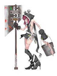  1girl absurdres asha axe bikini bikini_under_clothes black_bikini black_footwear black_gloves black_socks black_tabard blood boots breasts bucket commentary_request full_body glasses gloves high_heel_boots high_heels highres holding holding_bucket hood hood_up hooded_tabard medium_bangs object_through_head open_mouth original patchwork_skin pince-nez pink_hair profile red_eyes screw_in_head severed_limb simple_background small_breasts socks solo standing stitches swimsuit tabard white_background 