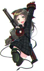 1girl :d absurdres benelli_m4_super_90 blush brown_hair character_request chromatic_aberration commentary_request fingerless_gloves full_body gloves green_thighhighs gun hand_up highres jumping long_hair low-tied_long_hair oota_youjo open_mouth shotgun smile solo thighhighs weapon weapon_request yellow_eyes zettai_ryouiki rating:Sensitive score:3 user:danbooru
