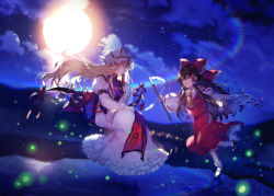  2girls ascot black_footwear blonde_hair bow brown_eyes brown_hair cloud commentary detached_sleeves dress fireflies floating floating_hair folded_fan folding_fan frilled_bow frilled_hair_tubes frills full_moon gap_(touhou) gohei hair_between_eyes hair_bow hair_tubes hakurei_reimu hand_fan hat hat_ribbon highres holding holding_fan holding_gohei long_hair long_sleeves looking_at_another mary_janes mob_cap moon multiple_girls night night_sky open_mouth outdoors parted_lips purple_tabard red_bow red_ribbon red_skirt red_vest ribbon ribbon-trimmed_sleeves ribbon_trim shoes sidelocks skirt skirt_set sky sleeve_garter smile socks star_(sky) starry_sky sunakumo tabard touhou very_long_hair vest white_dress white_headwear white_sleeves white_socks wide_sleeves yakumo_yukari yellow_ascot yellow_eyes 