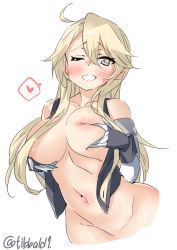 10s 1girl ahoge blonde_hair blue_eyes blush bottomless breasts commentary_request deep_skin ebifurya groin hair_between_eyes heart highres iowa_(kancolle) kantai_collection large_breasts long_hair looking_at_viewer navel one_eye_closed open_clothes open_shirt shirt simple_background solo spoken_heart star_(symbol) stomach twitter_username white_background rating:Questionable score:19 user:danbooru