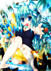 1girl alternate_costume animal_ears aqua_hair bad_id bad_pixiv_id bandaid bandaid_on_knee bandaid_on_leg barefoot bird blue_eyes blue_one-piece_swimsuit cat_ears cat_girl collarbone feet female_focus flower food frog_hair_ornament hair_ornament hibiscus highres ice_cream innertube kemonomimi_mode kochiya_sanae long_hair looking_at_viewer mouth_hold one-piece_swimsuit ooji_cha outstretched_arm outstretched_hand penguin petals popsicle school_swimsuit sitting solo swim_ring swimsuit toes touhou water_gun watermelon_bar rating:Sensitive score:4 user:danbooru