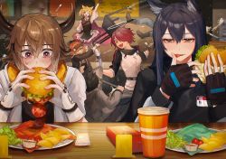  1boy 4girls animal_ears arknights arm_up bandeau bison_(arknights) black_bandeau black_dress black_gloves black_hair black_jacket black_shirt blonde_hair blush burger burger_malfunction cow_boy cow_ears cow_girl cow_horns croissant_(arknights) cup disposable_cup dress ear_piercing exusiai_(arknights) fighting fingerless_gloves food gloves green_eyes hair_between_eyes hair_over_one_eye halo highres holding holding_food horns id_card indoors jacket lettuce licking licking_finger multiple_girls necktie open_mouth orange_eyes penguin_logistics_(arknights) piercing potato_wedges red_eyes red_hair red_necktie senjou_no_pentsu shirt sora_(arknights) sweatdrop texas_(arknights) tomato twintails visor_cap white_gloves white_jacket wolf_ears wolf_girl  rating:General score:6 user:danbooru
