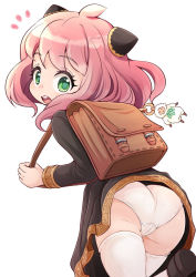  1girl accidental_exposure ahoge anya_(spy_x_family) ass backpack bag black_dress black_footwear clothes_lift dress dress_lift female_focus from_behind green_eyes hairpods charm_(object) leg_up loli looking_at_viewer looking_back open_mouth panties pantyshot pink_hair randoseru running shoes short_hair simple_background solo spy_x_family thighhighs thighs tomagiri underwear upper_body white_panties white_thighhighs  rating:Sensitive score:556 user:danbooru