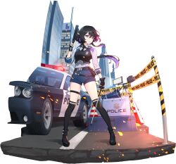  1girl armor baton_(weapon) belt black_belt black_footwear black_gloves black_hair black_necktie black_socks blue_shirt blue_shorts breastplate building car caution_tape cityscape eversoul full_body game_cg gloves grey_eyes gun hair_between_eyes handgun highres holding holding_baton_(weapon) holding_gun holding_weapon holster kneeling linzy_(eversoul) long_sleeves looking_at_viewer looking_to_the_side motor_vehicle multicolored_hair multiple_weapons necktie non-web_source official_alternate_costume official_art parted_lips police police_badge police_car police_uniform policewoman purple_hair shirt short_hair shorts skyscraper socks solo standing tachi-e thigh_strap transparent_background two-tone_hair uniform weapon wing_collar 