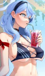  1girl ako_(blue_archive) alternate_costume animal_collar bikini black_bikini blue_archive blue_eyes blue_hair blush breasts collar commentary_request cross-laced_bikini cross-laced_clothes cup disposable_cup drink drinking drinking_straw fingernails halo highres holding holding_cup kaiso_(kaisooekaki) large_breasts looking_ahead medium_breasts nail_polish piercing_hole sideboob solo sweat swimsuit underboob upper_body 