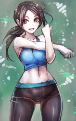 1girl black_hair breasts brown_hair cameltoe colored_skin covered_erect_nipples cowboy_shot highres long_hair looking_at_viewer medium_breasts midriff narrow_waist navel nintendo open_mouth pale_skin pants ponytail purple_eyes sketch smile solo spandex stretching sweat taishi_(picchiridou) tank_top toned white_skin wii_fit wii_fit_trainer wii_fit_trainer_(female) yoga_pants rating:Sensitive score:216 user:danbooru