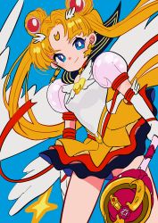  1girl absurdres bishoujo_senshi_sailor_moon bishoujo_senshi_sailor_moon_sailor_stars blonde_hair blue_background blue_eyes brooch closed_mouth cowboy_shot crescent crescent_earrings crescent_facial_mark double_bun earrings elbow_gloves eternal_sailor_moon eternal_tiare facial_mark female_focus forehead_mark gloves hair_bun hair_ornament hairpin heart heart_brooch highres holding holding_wand jewelry kodama_(marugoto_omikan) layered_skirt legs_apart long_hair looking_at_viewer magical_girl parted_bangs puffy_sleeves red_ribbon ribbon sailor_moon sailor_senshi_uniform simple_background skirt smile solo standing star_(symbol) star_earrings tsukino_usagi twintails wand white_gloves wing_brooch 