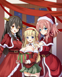  3girls alternate_costume black_hair black_thighhighs blonde_hair box breasts brown_eyes brown_hair capelet christmas cleavage commentary commission cowboy_shot double_bun dress english_commentary fletcher_(kancolle) fur-trimmed_capelet fur-trimmed_dress fur-trimmed_headwear fur_trim gift gift_box grey_eyes grey_skirt hair_bun hairband haruna_(kancolle) hat headgear highres kantai_collection large_breasts long_hair looking_at_viewer mixed-language_commentary multiple_girls pleated_skirt ponytail purple_eyes red_capelet red_dress red_hairband red_hat red_ribbon ribbon roshi_chen santa_hat saratoga_(kancolle) skirt smile thighhighs window 