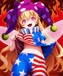  1girl american_flag_dress american_flag_legwear blonde_hair clothes_lift clownpiece commentary_request cowboy_shot dress dress_lift fairy_wings fangs fire hat highres jester_cap kisaragi_koushi lifting_own_clothes long_hair looking_at_viewer navel neck_ruff open_mouth pantyhose pink_eyes polka_dot polka_dot_headwear short_sleeves smile solo star_(symbol) star_print striped_clothes touhou transparent_wings very_long_hair wings 