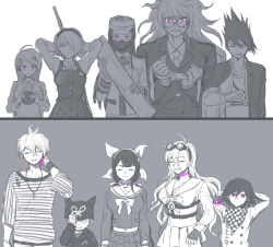  4girls 6+boys ^_^ ahoge akamatsu_kaede amami_rantaro androgynous antenna_hair apron arm_behind_head arm_belt arms_behind_head backpack bag ball bandaged_hand bandages beanie bell belt blood blood_drip blood_on_neck bow bowtie bracelet breasts brooch broom buttons chabashira_tenko chain checkered_clothes checkered_scarf choker cleavage clenched_teeth closed_eyes closed_mouth coat_partially_removed coattails collarbone collared_jacket collared_shirt commentary_request covered_mouth cowboy_shot crest crying crying_with_eyes_open danganronpa_(series) danganronpa_v3:_killing_harmony double-breasted ear_piercing expressionless facial_hair fingerless_gloves flower formal fortissimo frilled_shirt_collar frilled_skirt frilled_sleeves frills frown gakuran glasses gloves goatee goggles goggles_on_head gokuhara_gonta grey_background greyscale hair_between_eyes hair_bow hair_ornament hair_over_one_eye hairband hand_on_headwear hand_on_own_neck hat height_difference highres holding holding_ball holding_broom holding_paper horned_hat hoshi_ryoma incoming_attack injury iruma_miu jacket jewelry lace-trimmed_hairband lace_trim large_breasts layered_sleeves leather leather_jacket long_hair long_sleeves mask melodyguru messy_hair midriff miniskirt mole mole_under_mouth momota_kaito monochrome mouth_mask multicolored_buttons multiple_boys multiple_girls musical_note musical_note_hair_ornament navel neck_bell necktie nervous_smile o-ring o-ring_belt oma_kokichi open_clothes open_jacket pansy paper peaked_cap pendant piercing pink_blood pink_eyes pleated_skirt pocket round_eyewear sailor_collar scarf school_uniform serafuku shinguji_korekiyo shirt short_hair sidelocks simple_background skirt skirt_set smile spider_web_print spiked_hair spoilers spot_color straight-on straight_hair striped_clothes striped_shirt striped_sleeves studded_gloves suit teardrop tears teeth toilet_paper tojo_kirumi two-tone_background vest wavy_hair white_background wood zipper 
