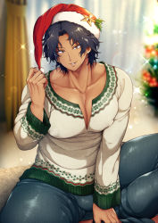 1boy bad_id bad_pixiv_id bauble black_hair bulge christmas christmas_lights christmas_ornaments christmas_tree covered_erect_nipples dark-skinned_male dark_skin hat looking_at_viewer male_focus meme_attire open-chest_sweater original pectoral_cleavage pectorals santa_hat smile solo sweater ygyg2200
