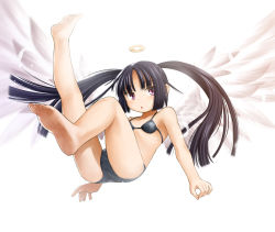  1girl barefoot bikini black_bikini black_hair character_request emil_chronicle_online falling feathered_wings flat_chest full_body halo highres kasuga_yukihito purple_eyes solo swimsuit toes twintails wings 