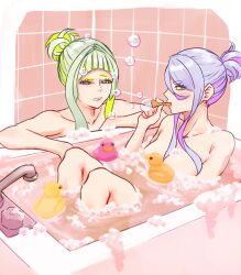  2girls andrich_galam bare_shoulders bathing bathroom bathtub bubble blowing_bubbles bubble_pipe colored_eyelashes faucet figue_(soul_hackers_2) frown green_hair hair_bun highres knees_up multicolored_hair multiple_girls nude orange_eyes purple_hair ringo_(soul_hackers_2) rubber_duck short_hair_with_long_locks soap soap_bubbles soul_hackers_2 squinting tile_wall tiles two-tone_hair  rating:Questionable score:9 user:stormwyrm88