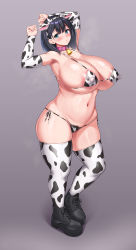 1girl :o absurdres animal_ears animal_print areola_slip armpits arms_behind_head bell bikini black_hair blue_eyes blunt_bangs blush boots breasts covered_erect_nipples cow_ears cow_horns cow_print cow_tail cowbell cowboy_shot curvy elbow_gloves fake_animal_ears fake_horns female_pubic_hair gloves grey_background highres horns huge_breasts looking_at_viewer navel nipples open_mouth original ponchi_(menchi0925) print_bikini print_thighhighs pubic_hair short_hair simple_background skindentation solo standing swimsuit tail thick_thighs thighhighs thighs white_gloves white_thighhighs wide_hips rating:Questionable score:83 user:Vardigiil