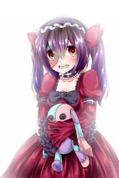  10s 1girl akahito_(kemoyuru) asia_(monster_musume) black_hair breasts choker cleavage collarbone cowboy_shot dress frilled_sleeves frills gradient_hair highres jewelry monster_girl monster_musume_no_iru_nichijou monster_musume_no_iru_nichijou_online multicolored_hair purple_hair red_dress red_eyes ring simple_background small_breasts solo stitches stuffed_animal stuffed_rabbit stuffed_toy twintails wedding_band wedding_dress wedding_ring white_background zombie 
