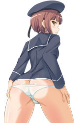 10s 1girl :o ass blunt_bangs blush brown_eyes brown_hair butt_crack cowboy_shot deep_skin dress from_behind hands_on_own_hips hat highres ipuu_(el-ane_koubou) kantai_collection looking_back panties sailor_collar sailor_dress sailor_hat short_hair simple_background solo underwear white_background white_panties z3_max_schultz_(kancolle) rating:Questionable score:79 user:danbooru