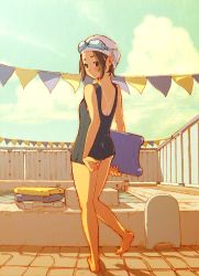  1girl adjusting_clothes adjusting_swimsuit ass barefoot feet highres looking_back one-piece_swimsuit outdoors pool school_swimsuit short_hair sky solo standing standing_on_one_leg swimsuit tan tanline tessaku_ro wedgie  rating:Questionable score:5 user:yanderecs2nd