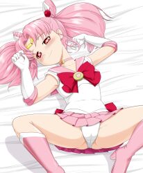 1girl bed_sheet bishoujo_senshi_sailor_moon blush boots bow cameltoe chibi_usa choker commentary crotch curly_hair day_dreamer earrings elbow_gloves eyelashes gloves hair_ornament heart heart-shaped_pupils high_heels highres jewelry knee_boots leotard leotard_peek on_bed pink_footwear pink_hair pink_skirt playing_with_own_hair sailor_chibi_moon seductive_smile short_twintails sidelocks skirt smile split spread_legs symbol-shaped_pupils thighs tiara twintails upskirt white_gloves white_leotard rating:Explicit score:69 user:danbooru