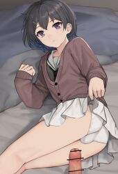  bar_censor bare_legs bulge censored clothes_lift crossdressing erection looking_at_viewer lying male_focus multicolored_hair on_bed on_side original penis purple_eyes shota skirt skirt_lift sunaba_(nczd5875) sweatdrop thighs yaoi 