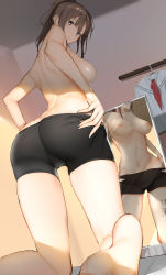1girl ass barefoot bike_shorts breasts brown_eyes brown_hair dutch_angle foreshortening from_behind highres indoors kneeling large_breasts long_hair mirror navel nipples original pallad ponytail reflection sidelocks solo topless undressing rating:Questionable score:138 user:danbooru
