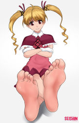  1girl barefoot biscuit_krueger blonde_hair feet foot_focus highres hunter_x_hunter long_hair looking_at_viewer red_eyes seishinashi sitting soles solo toes twintails  rating:Sensitive score:71 user:FabricioDias