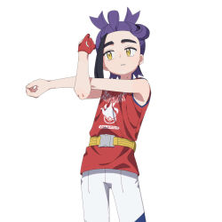  1boy black_hair creatures_(company) cross-body_stretch game_freak gloves kieran_(pokemon) male_focus mole mole_on_neck nintendo nun_x_x parted_lips partially_fingerless_gloves pokemon pokemon_sv purple_hair red_gloves red_tank_top shorts simple_background single_glove solo stretching tank_top white_background white_shorts yellow_eyes 
