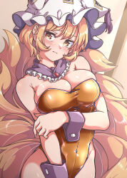 1girl absurdres animal_ears animal_hat blonde_hair breasts cleavage covered_navel detached_collar fox_ears fox_tail gokuu_(acoloredpencil) hat highres large_breasts leotard mob_cap multiple_tails playboy_bunny strapless strapless_leotard tail touhou wrist_cuffs yakumo_ran yellow_leotard