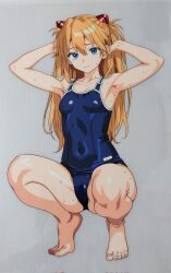  1girl arms_behind_back arms_up barefoot blue_eyes blue_one-piece_swimsuit breasts brown_hair cameltoe cel covered_navel full_body hand_in_own_hair highres interface_headset long_hair looking_at_viewer medium_breasts navel neon_genesis_evangelion one-piece_swimsuit open_mouth photo_(medium) school_swimsuit shiny_skin shirt simple_background solo souryuu_asuka_langley squatting standing swimsuit thighs traditional_media twintails umino_kaori very_long_hair  rating:Sensitive score:59 user:fakyuh