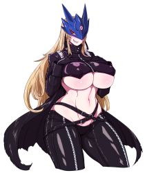  1girl beelstarmon belt black_belt black_gloves black_jacket black_pants black_scarf blonde_hair breast_suppress breasts cape covered_erect_nipples crop_top cropped_legs curvy digimon digimon_(creature) exabyte_(parallax05) gloves grin groin highres huge_breasts jacket leather leather_jacket leather_pants long_hair long_sleeves looking_at_viewer mask midriff navel open_clothes open_jacket pants pink_eyes revealing_clothes scarf sharp_teeth sidelocks simple_background smile solo standing teeth thick_thighs thighs third_eye torn_cape torn_clothes underboob white_background wide_hips zipper  rating:Sensitive score:107 user:danbooru