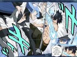  1boy 1girl akame_ga_kill! battle black_eyes black_hair blue_eyes blue_hair boots breast_tattoo breasts chest_tattoo choker cleavage commentary crossover crystal_sword death_battle english_commentary esdeath evil_grin evil_smile fairy_tail fighting gray_fullbuster grin hair_between_eyes hat henil031 holding holding_sword holding_weapon ice jewelry large_breasts long_hair military military_uniform muscular necklace peaked_cap sadism smile speech_bubble spiked_hair sword tattoo thigh_boots thighhighs uniform very_long_hair weapon whip_marks 