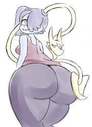 1girl ass cerealharem highres huge_ass leviathan_(skullgirls) looking_back pants red_eyes simple_background skullgirls smile squigly_(skullgirls) stitched_mouth stitches tank_top yoga_pants zombie rating:Questionable score:40 user:iceguy