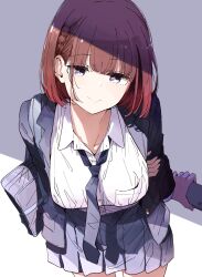  1girl ai-chan_(tawawa) bag blazer breasts brown_hair collared_shirt dress_shirt getsuyoubi_no_tawawa hand_on_own_arm highres jacket large_breasts looking_at_viewer loose_necktie necktie nyoijizai open_clothes open_jacket partially_unbuttoned pleated_skirt purple_eyes school_bag school_uniform shirt skirt solo white_shirt 