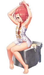  1girl adjusting_hair armpits arms_up barefoot feet full_body hair_over_one_eye highres mouth_hold naked_towel official_art red_eyes ribbon shirohime_quest sitting smile soap solo toes towel transparent_background tying_hair ueda_castle wet  rating:Questionable score:15 user:danbooru